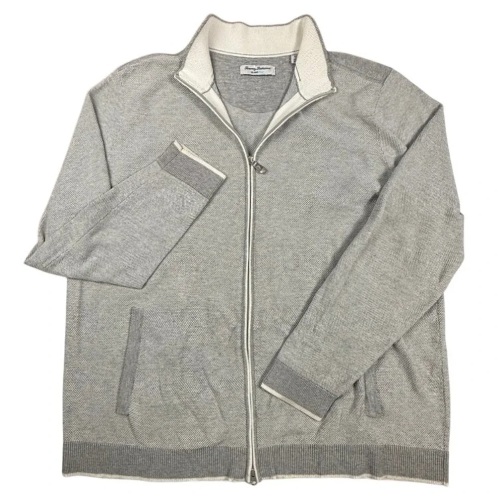 Tommy Bahama IslandZone Full Zip Sweater Grey Textured Knit Mock Neck Mens 2XLT